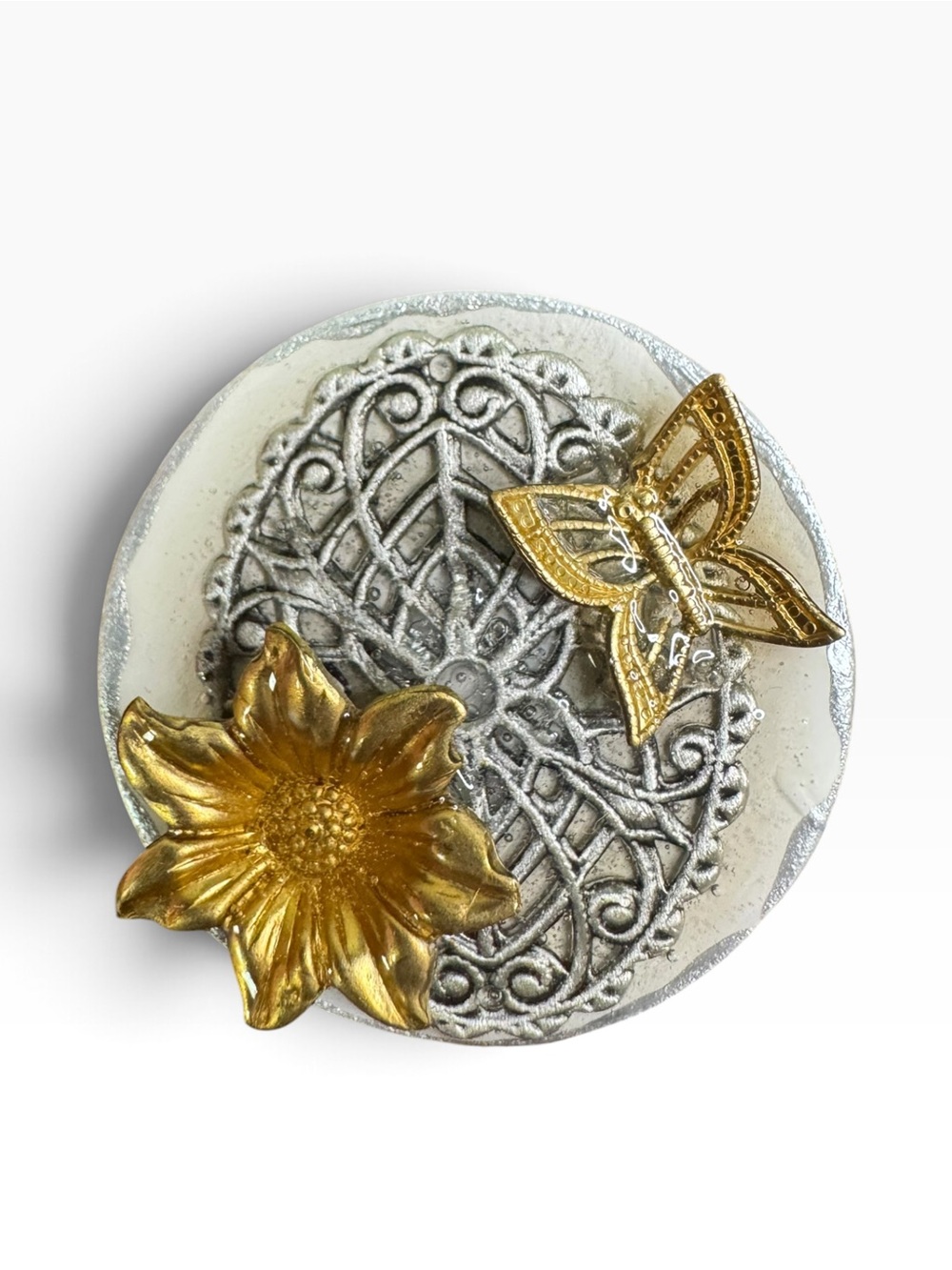 Hand Crafted Gold Flower and Butterfly Brooch on Silver Filigree